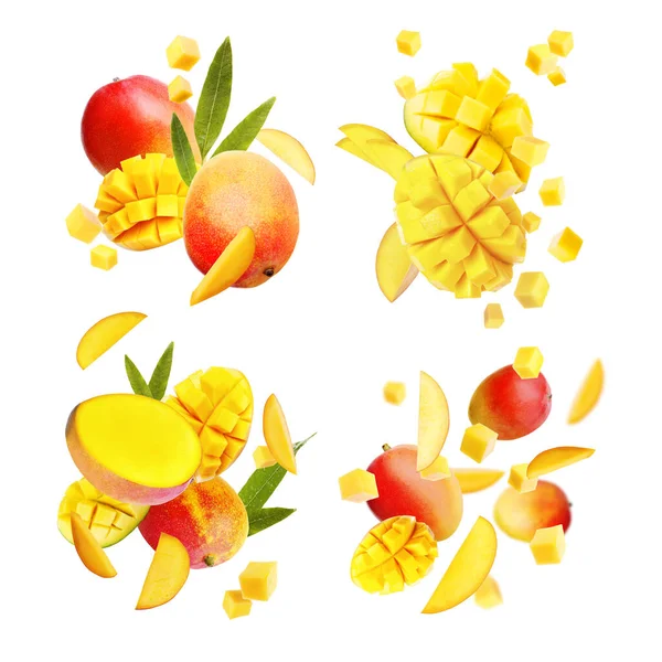 Set Delicious Mango Fruits Leaves Falling White Background — Fotografia de Stock