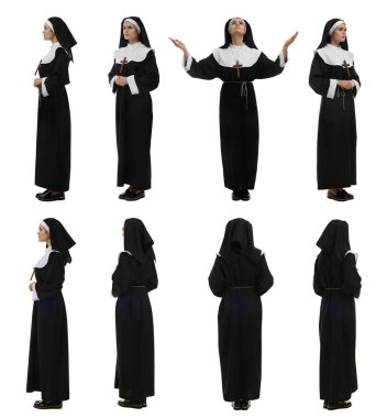 Collage with photos of young nun on white background