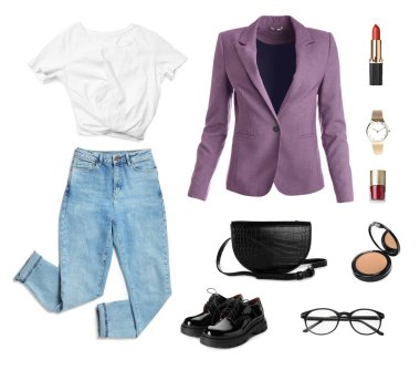 Collage with different clothes, cosmetics and accessories for stylish look on white background. Fall-winter fashion