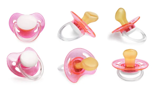 Collage of baby pacifier on white background, views from different sides