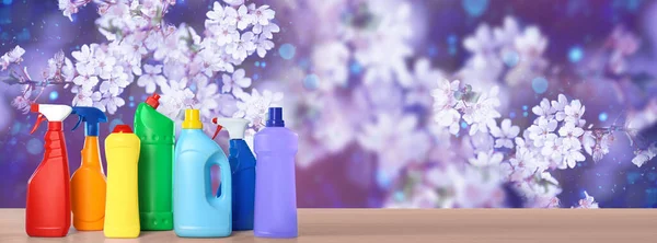 Spring Cleaning Detergents Wooden Surface Blossoming Tree Space Text Banner — Stock Photo, Image