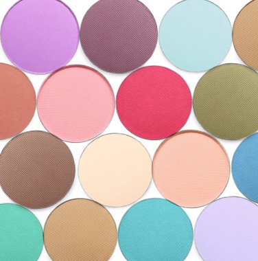 Collage of beautiful different eye shadow refill pans on white background