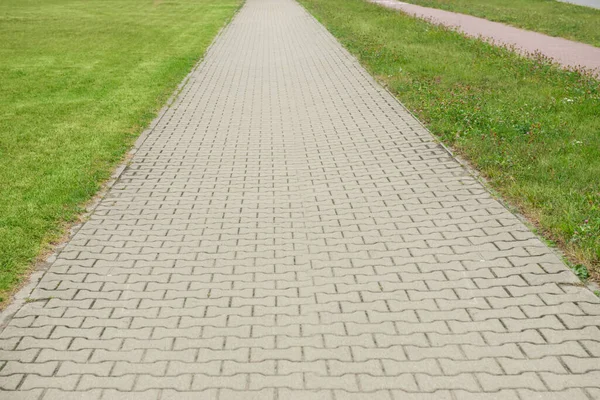 View of sidewalk path and fresh green grass on sunny day. Footpath covering