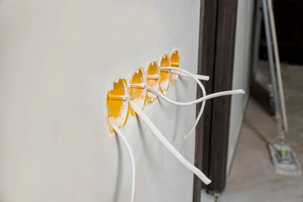 Holes Socket White Wall Cables Indoors Installation Electrical Wiring — Stockfoto