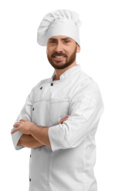 Smiling mature male chef on white background