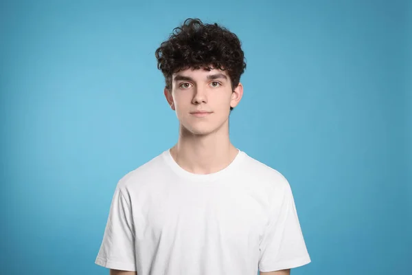 Portrait Cute Teenage Boy Light Blue Background — 스톡 사진