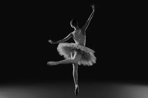 Young ballerina practicing dance moves. Black and white effect