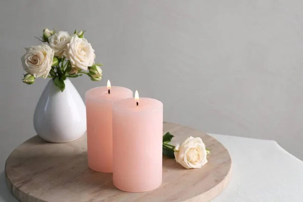 Burning Candles Beautiful Roses White Table Space Text — Stock Photo, Image