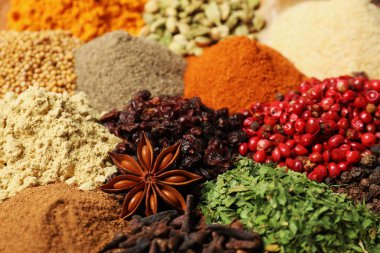 Arkaplan olarak birçok farklı baharat, yakın görünüm