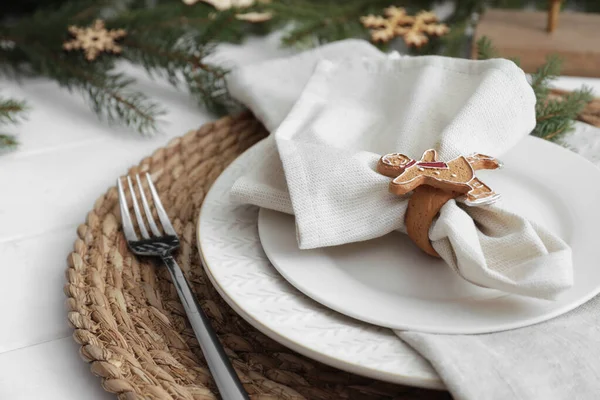 Beautiful Festive Place Setting Stylish Decor Christmas Dinner White Wooden — Fotografia de Stock