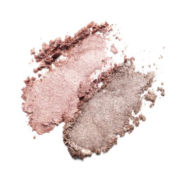 Crushed eye shadows on white background, top view. Professional makeup product