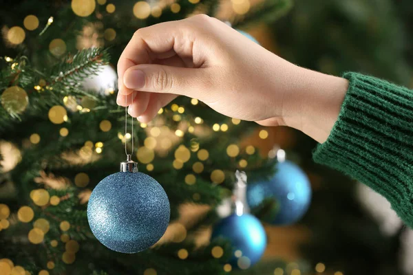 Woman Decorating Christmas Tree Beautiful Bauble Closeup — Fotografia de Stock