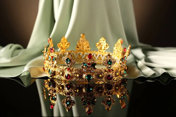 Beautiful Golden Crown Gems Light Cloth Black Table — Fotografia de Stock
