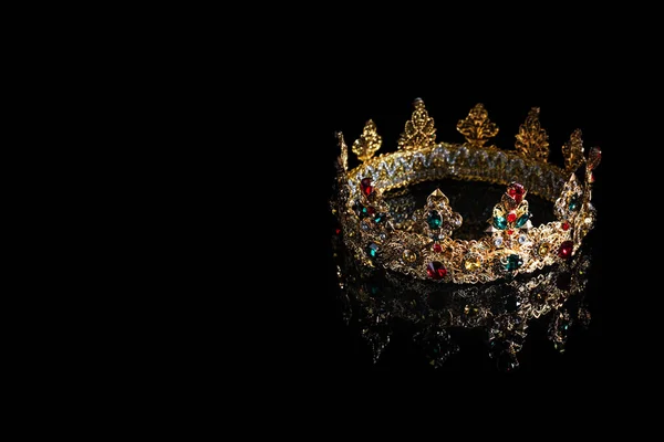Beautiful Golden Crown Gems Dark Mirror Surface Space Text — Fotografia de Stock