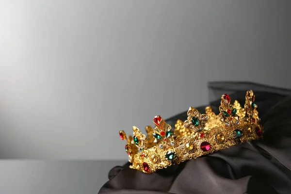 Beautiful Golden Crown Gems Dark Cloth Grey Background Space Text — Fotografia de Stock