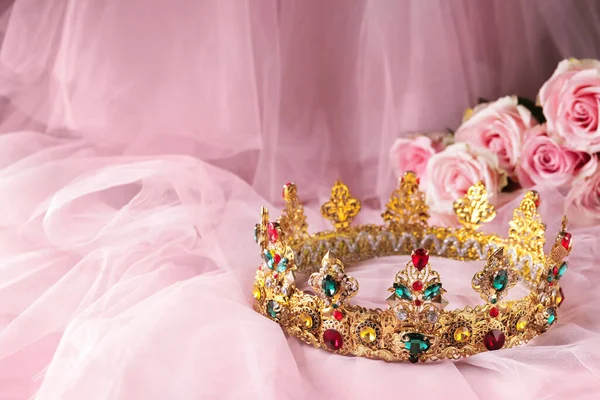 Beautiful Golden Crown Gems Pink Cloth Space Text — 스톡 사진