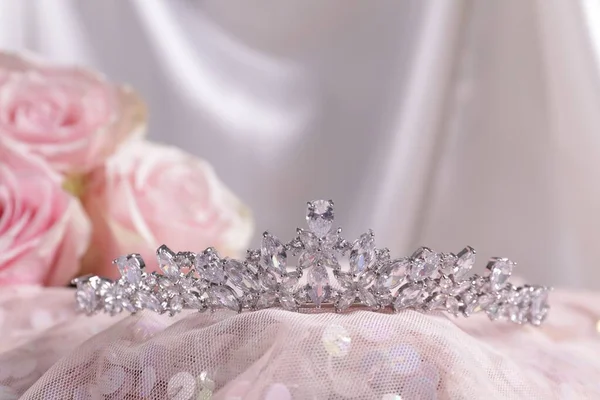 Beautiful Silver Tiara Diamonds Pink Cloth —  Fotos de Stock