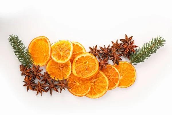 Dry Orange Slices Fir Branches Anise Stars White Background Flat — Fotografia de Stock