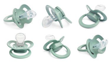 Collage of pale green baby pacifier on white background, views from different sides