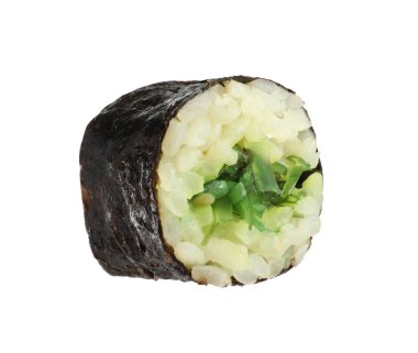 Delicious fresh sushi roll with chuka isolated on white