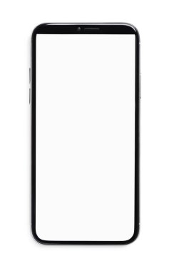 Stylish smartphone with blank screen isolated on white, top view. Mockup for design
