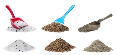 Set with plastic scoops and different cat litters on white background