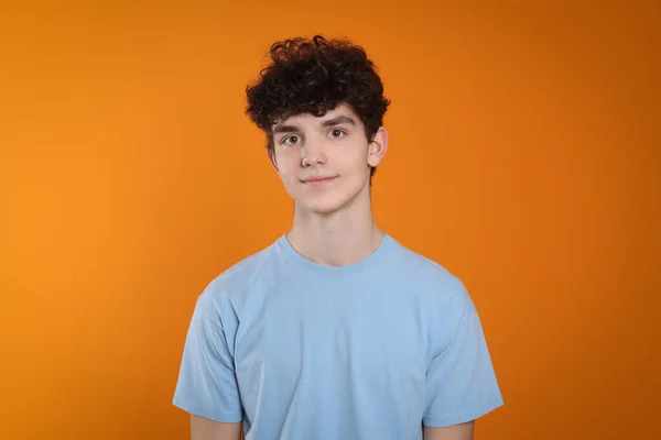 Portrait Cute Teenage Boy Orange Background — 스톡 사진