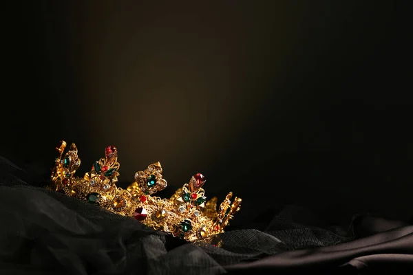 Beautiful Golden Crown Gems Dark Cloth Space Text —  Fotos de Stock