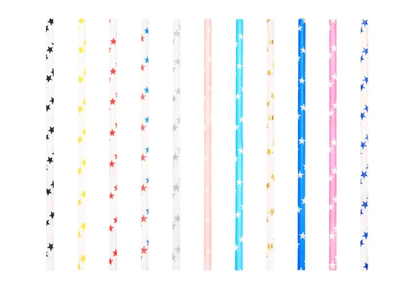 Set of paper drinking straws with colorful stars on white background