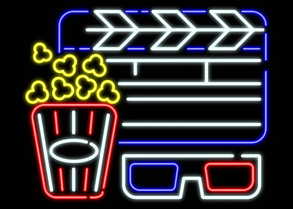 Glowing neon sign with popcorn bucket, clapper and glasses on black background