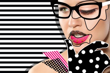 Stylish creative artwork. Portrait of beautiful woman made with cut photos of different faces and geometric figures on color background. Pop art collage with space for text