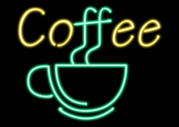 Glowing neon sign with cup and word Coffee on black background