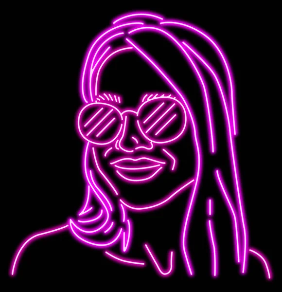 Glowing neon sign with outline of girl on black background