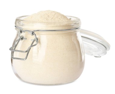 Jar with quinoa flour on white background