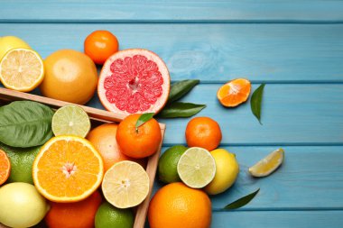 Different ripe citrus fruits with green leaves on light blue wooden table, flat lay. Space for text