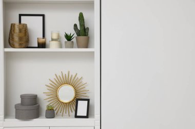 Beautiful houseplants and different decorative elements on shelving unit, space for text