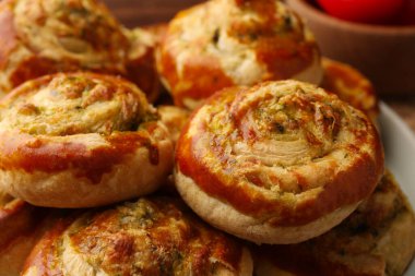 Fresh delicious puff pastry with tasty filling, closeup