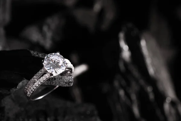 Luxury Jewelry Stylish Presentation Elegant Ring Coal Closeup Space Text — Fotografia de Stock