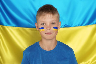 Little boy near Ukrainian flag. No war concept