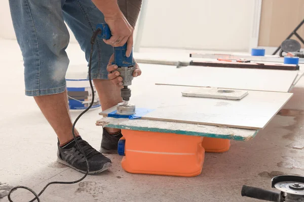 Worker Making Socket Hole Tile Indoors Closeup — Fotografia de Stock