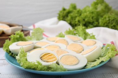 Fresh hard boiled eggs and lettuce on white wooden table