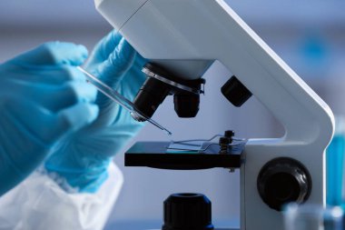 Scientist working with microscope on grey background, closeup