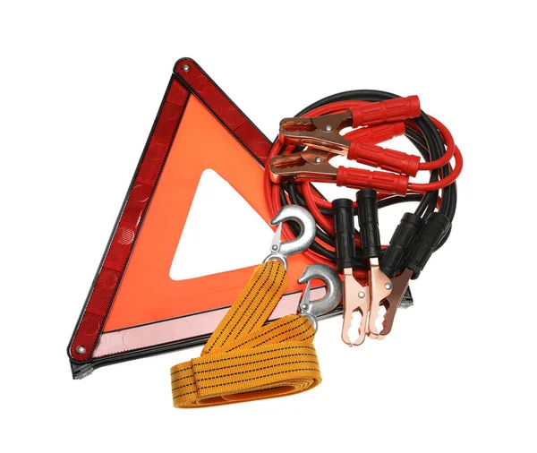 Emergency Warning Triangle Towing Strap Battery Jumper Cables White Background — ストック写真