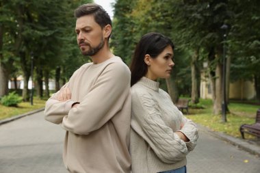 Parkta tartışan kızgın bir çift. İlişki sorunları