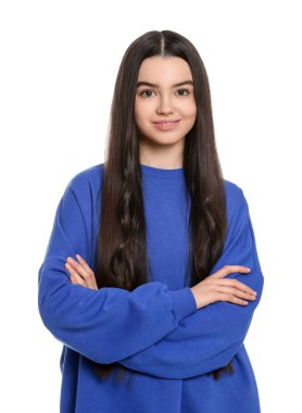 Portrait of smiling teenage girl on white background