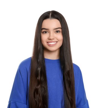 Portrait of happy teenage girl on white background