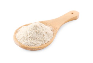 Wooden spoon with quinoa flour on white background