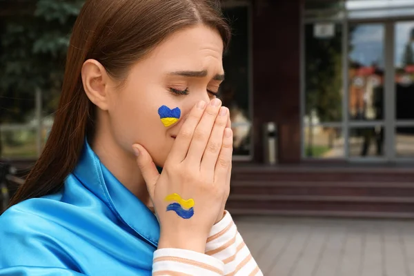Sad Young Ukrainian Woman Clasped Hands Outdoors Space Text — Stockfoto
