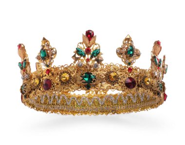 Beautiful gold crown with gems isolated on white