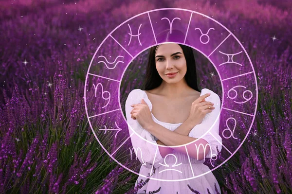 Beautiful young woman in lavender field and zodiac wheel illustration